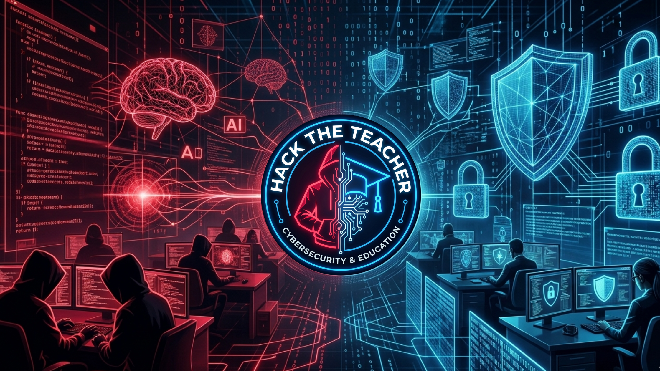 Banner de HackTheTeacher: el logo circular en el centro, rodeado de cerebros, código y candados en rojo a un lado y en azul al otro