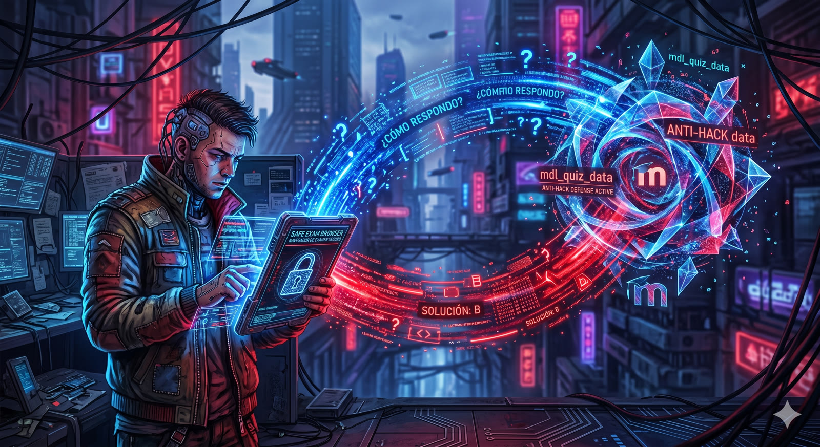 Ilustración cyberpunk de un alumno usando IA en un examen, con overlays de datos e interfaz futurista en rojo y azul