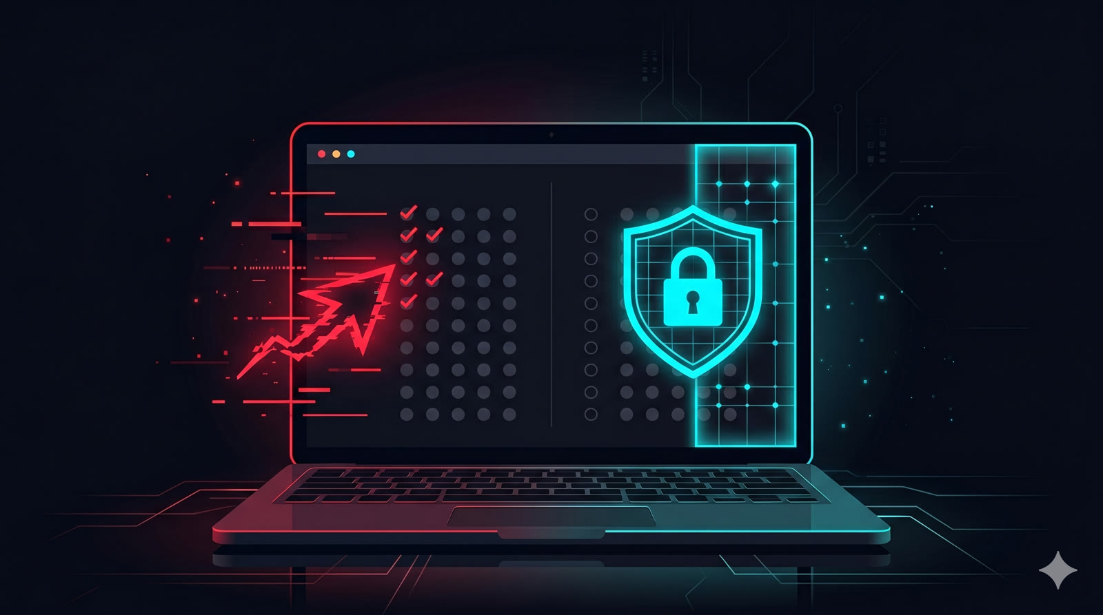 Ilustración cyberpunk de un portátil con marcas de verificación rojas a un lado y un escudo con candado azul al otro, representando el examen online y su defensa